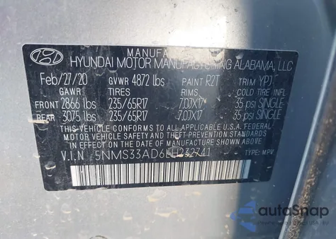 2020 Hyundai Santa Fe Sel z USA, uszkodzony, nr VIN 5NMS33AD6LH232741